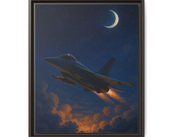 Nocny lot myśliwca odrzutowego, płótno matowe, oprawa | Sztuka ścienna lotnictwa wojskowego