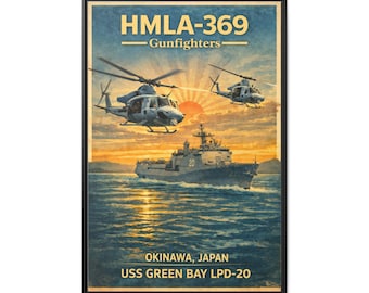 HMLA-369 Gunfighters Vintage Military Poster Matte Canvas Framed | Okinawa USS Green Bay LPD-20, Canvas