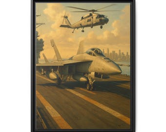 Aircraft Carrier Flight Deck Retro Poster Matte Canvas Framed