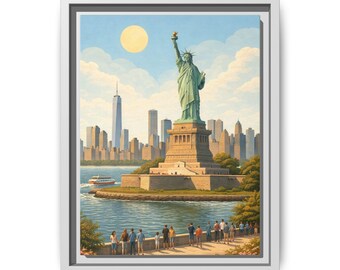 New York Aviation Liberty Travel Poster Matte Canvas Framed