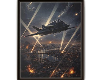 Myśliwiec F-117 Nighthawk nad miastem, płótno matowe, oprawa | Sztuka ścienna lotnictwa