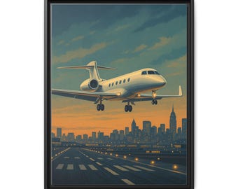 Gulfstream Private Jet Landing Canvas Framed | Aviation Wall Art, Airport Skyline