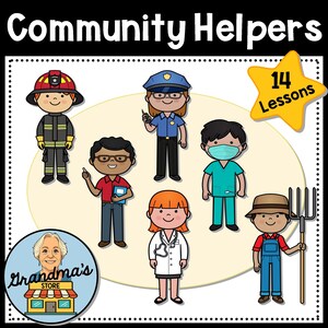 May include: Illustration of community helpers including a firefighter, police officer, teacher, doctor, nurse, and farmer. The image includes the text "Community Helpers" and "14 Lessons". A store logo is in the lower left corner.