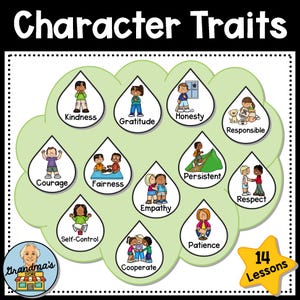 May include: A colorful educational poster titled "Character Traits" features illustrations of children demonstrating virtues like kindness, honesty, and gratitude. The poster includes the text "14 Lessons" and the logo for "Grandma's Store".