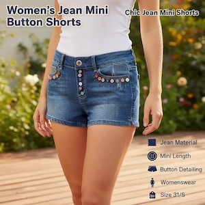 May include: Blue denim mini shorts with button detailing and colorful button accents on the pockets. The shorts have a button fly and are size 31/S. The text on the image says "Women's Jean Mini Button Shorts."