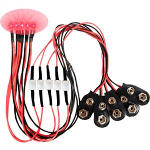May include: A set of electronic components featuring a red LED array, black and red wires, and several 9-volt battery connectors. The LED array has a translucent, pinkish-red dome shape.