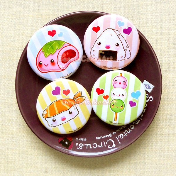 Kawaii Japanese Food Pinback Buttons Set of 4. Cute Food Pin Set. 1.75" Buttons. Mochi and Dango. Kawaii Sushi Button. Cute Food Buttons.