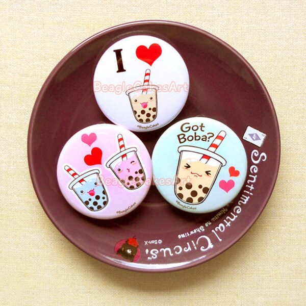 Boba Milk Tea 1.75" Pinback Button Set of 3. Tapioca Bubble Tea Badges. Geek Badges. Valentine Gift. Gift for Friends. Kawaii Buttons. Gift.