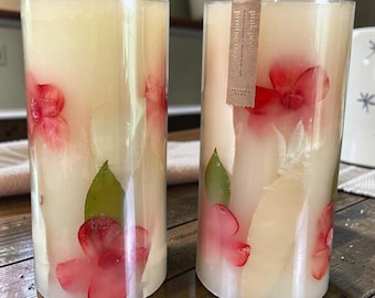 Pottery Barn Pink Peony Botanical Pillar Candles 4x8 Set of 2 New Sealed