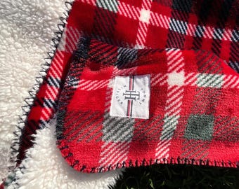 Vintage Tommy Hilfiger Sherpa Fleece Throw Blanket Red Plaid Tartan 60x48