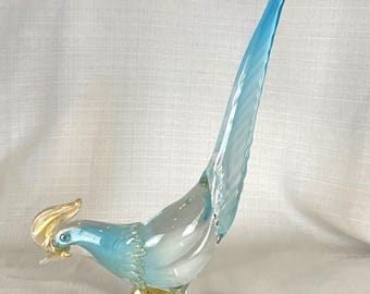 Murano Art Glass Pheasant Bird 13” Aqua Gold Attributed Barbini MCM Italy