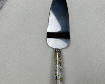 Vintage Stainless Steel Cake Pie Server with Floral Porcelain Handle