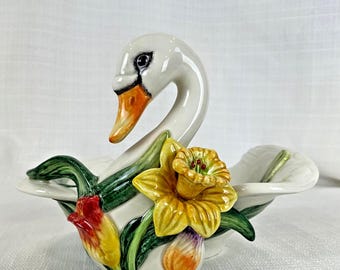 Fitz & Floyd Tulip Swan Open Candy Dish 1990s Figural Floral Bird Vintage