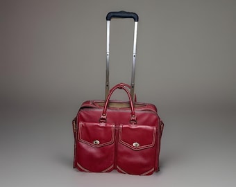 FranklinCovey Red Leather Rolling carry-on, Vintage Case with Telescopic Handle