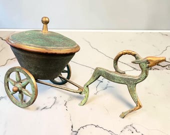 1950s Made In Israel Brass Ibex Cart Covered Bowl UN Gift Shop Mid Century