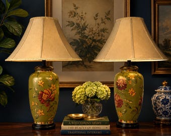 Raymond Waites Studio Art Pottery Ceramic Floral Table Lamps Pair 30”