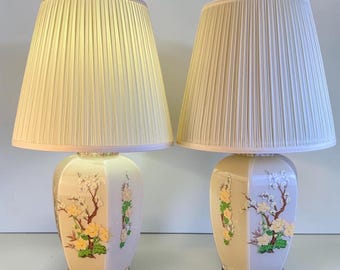 Nathan Lagin Hollywood Regency Hand Blown Glass Lamps Pair 31” Original Shades