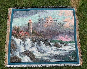 Thomas Kinkade Psalm 91:2 Lighthouse Woven Throw Blanket 47x56 USA Christian