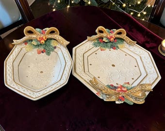 Fitz & Floyd Classics Christmas Serving Platter Vegetable Bowl Set Holly Bows