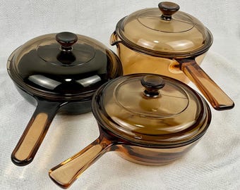 Vintage Corning Visions Amber Glass Cookware Lot Pyrex Saucepan Skillet Lids