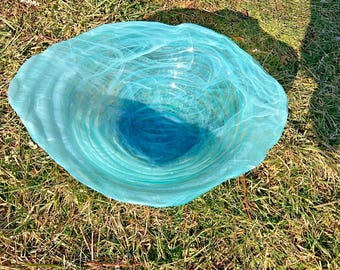 Large 18” Art Glass Centerpiece Bowl Blue Swirl Alabaster Murano Style Wavy Rim