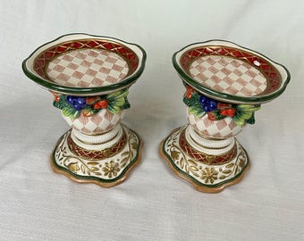 Fitz & Floyd Jolly Ole Saint Nick Pillar Candle Holders Pair Christmas 7”