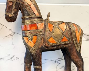 Vintage Hand Carved Indian Brass & Inlay Horse Figurine Rajasthan Wood Decor