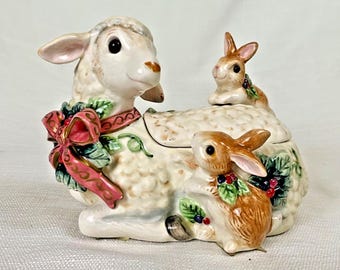Fitz & Floyd Peaceable Kingdom Lamb Bunny Covered Box Easter Vintage Boxed