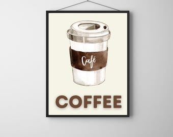 May include: A framed print featuring a watercolor illustration of a coffee cup with a brown sleeve and lid. The word "Café" is written on the cup, and the word "COFFEE" is below it in brown block letters.