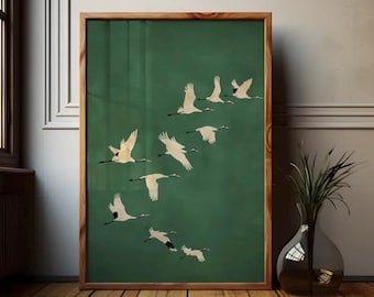 Arte de pared enmarcado para sala de estar, decoración vintage, decoración de pared de entrada, impresión en lienzo vintage de grulla japonesa, 16 x 24, listo para colgar, decoración del hogar