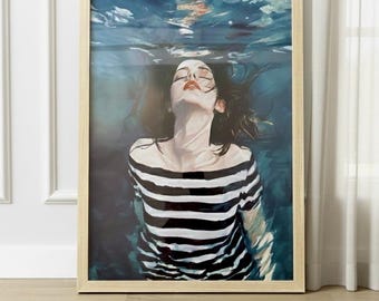 Arte de pared enmarcado para sala de estar, retrato femenino submarino, lienzo impreso, arte de pared para baño, decoración vintage de 16 x 24 para dormitorio