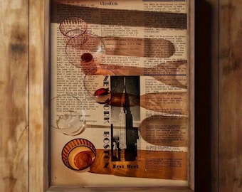 Impresión en lienzo enmarcada con collage de periódico vintage, decoración del hogar, arte de pared con manchas de café, decoración moderna de mediados de siglo para dormitorio, 16 x 24