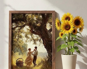 Lienzo romántico enmarcado con impresión para sala de estar, decoración vintage para dormitorio, pintura al óleo vintage para amantes de la pintura al óleo, 16 x 24