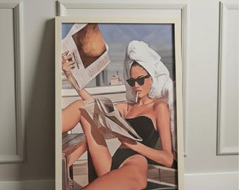 Arte de pared enmarcado para sala de estar, impresión en lienzo de retrato femenino de 16 x 24 / Arte de pared náutico vintage moderno para dormitorio