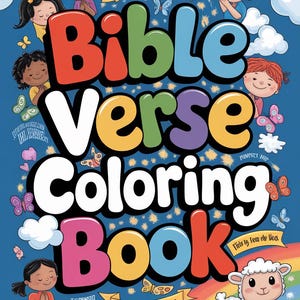 Puede incluir: Una colorida portada de un libro para colorear versículos bíblicos con el título en letras grandes y multicolores. La portada presenta ilustraciones de niños, mariposas, un arcoíris y una oveja sobre un fondo azul oscuro.