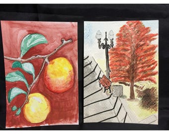 2 Original watercolor paintings 5" x 7" Park Bench And Peach Branch 42