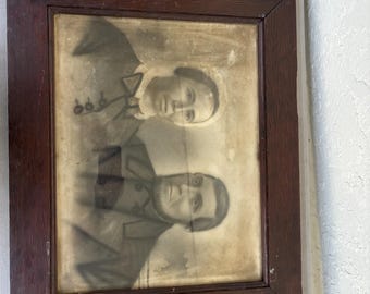 Old Vintage  Wood Couple Picture Photo Framed 1800s 25.5 x 20.5 as found