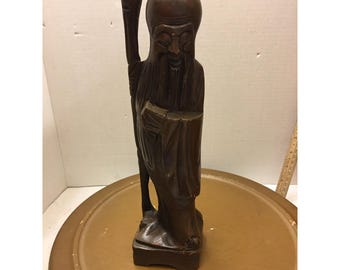Dark Wood Carved Asian Man Sculpture - Vintage  a012