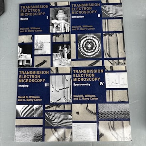 May include: Four books titled "Transmission Electron Microscopy" are displayed. Each book has a dark blue cover with white text and images. The books are labeled "Basics," "Diffraction," "Imaging," and "Spectrometry" with the authors' names.