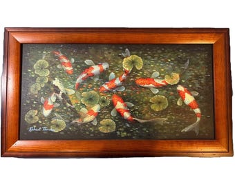 Robert Thomas hawain artist framed KOI FISH print on canvas