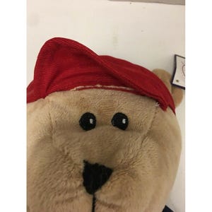 May include: A plush teddy bear with a red cap. The bear has black eyes and a black stitched nose. The bear's fur is a light brown color. A small tag is attached to the bear's ear.