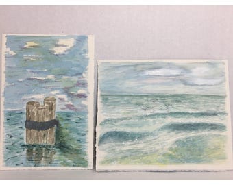 Original Watercolor Painting Seascape Pilings Waves & Gulls 52
