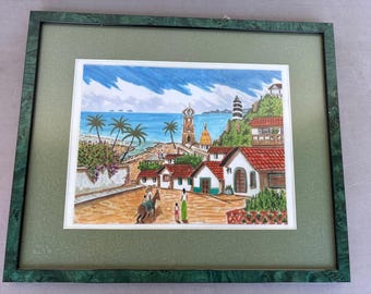 Framed watercolor   16”x13”  houses beach palm trees See pics