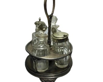 Antique Condiment Server Silver Plate Glass Jars Stamped Damaged A523