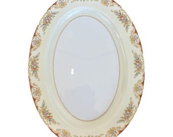 Noritake Serving Platter Large Orange Rim Multicolored Florals 16 1/8” Gold Trim