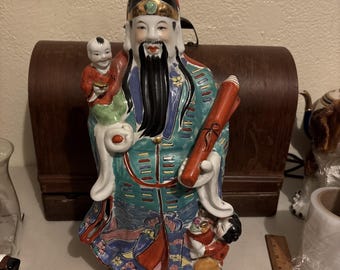 Chinese Porcelain Figure of Fortune Wealth Chinese God of Longevity W/ Children