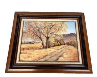 sondra peckinpaugh artist original oil framed art trees dirt road mountain barn