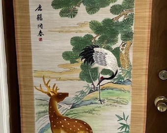 Chinese wall hanging w/silk embroidery Heron & Deer SEE PICS  23 3/4”x 69”  BS12