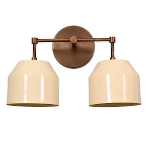 May include: A two-light wall sconce featuring a circular bronze backplate and a horizontal bar holding two cream-coloured, cone-shaped lampshades. The fixture has a modern design and is suitable for interior lighting.
