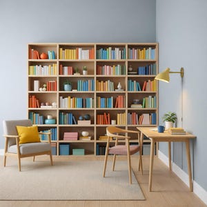 May include: A light wood bookcase filled with colorful books dominates the scene. A gray armchair with a yellow pillow and a small wooden desk with a yellow lamp and a pink chair complete the cozy reading nook.